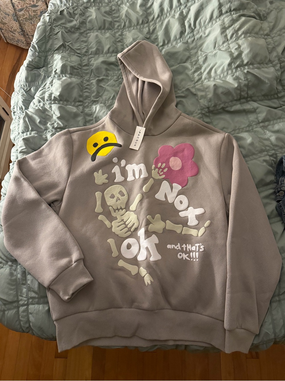 PacSun Taupe Graphic Pullover Hoodie with Pink Flower